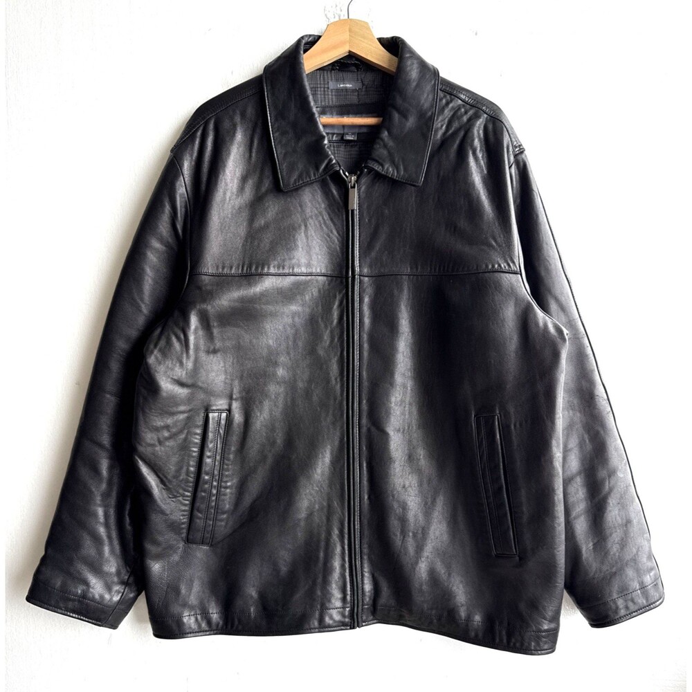 Perry Ellis Portfolio Black Lambskin Leather Jacket Men's Size XL Full Zip Coat